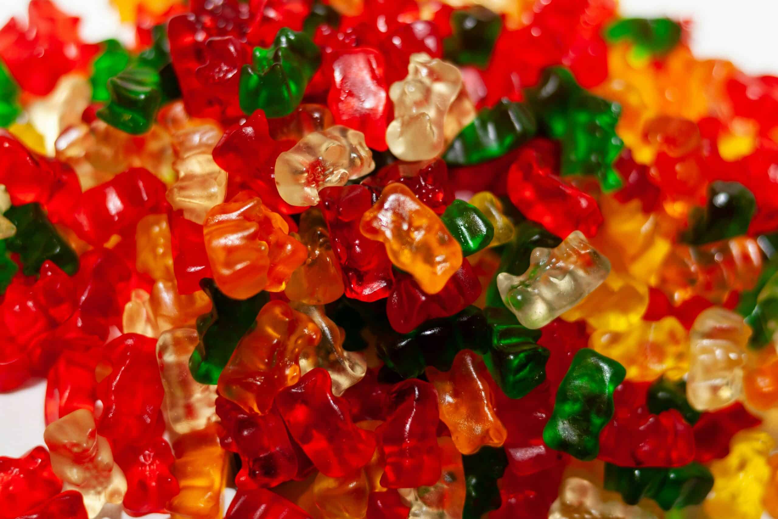 Red dye no. 3 concept. An assortment of colored gummy bears