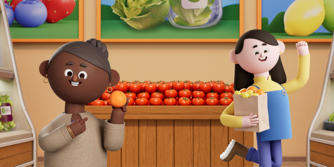 Digitally rendered cartoon image of two kids standing on either side of a shelf of tomato