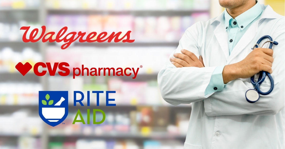 Image of a pharmacist with their arms crossed next to the names of pharmacies