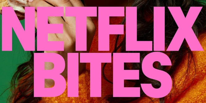 pink Netflix Bites block letter logo overlaid on closeup of woman eating a donut, only the bottom of her face, her hair and her hand are visible