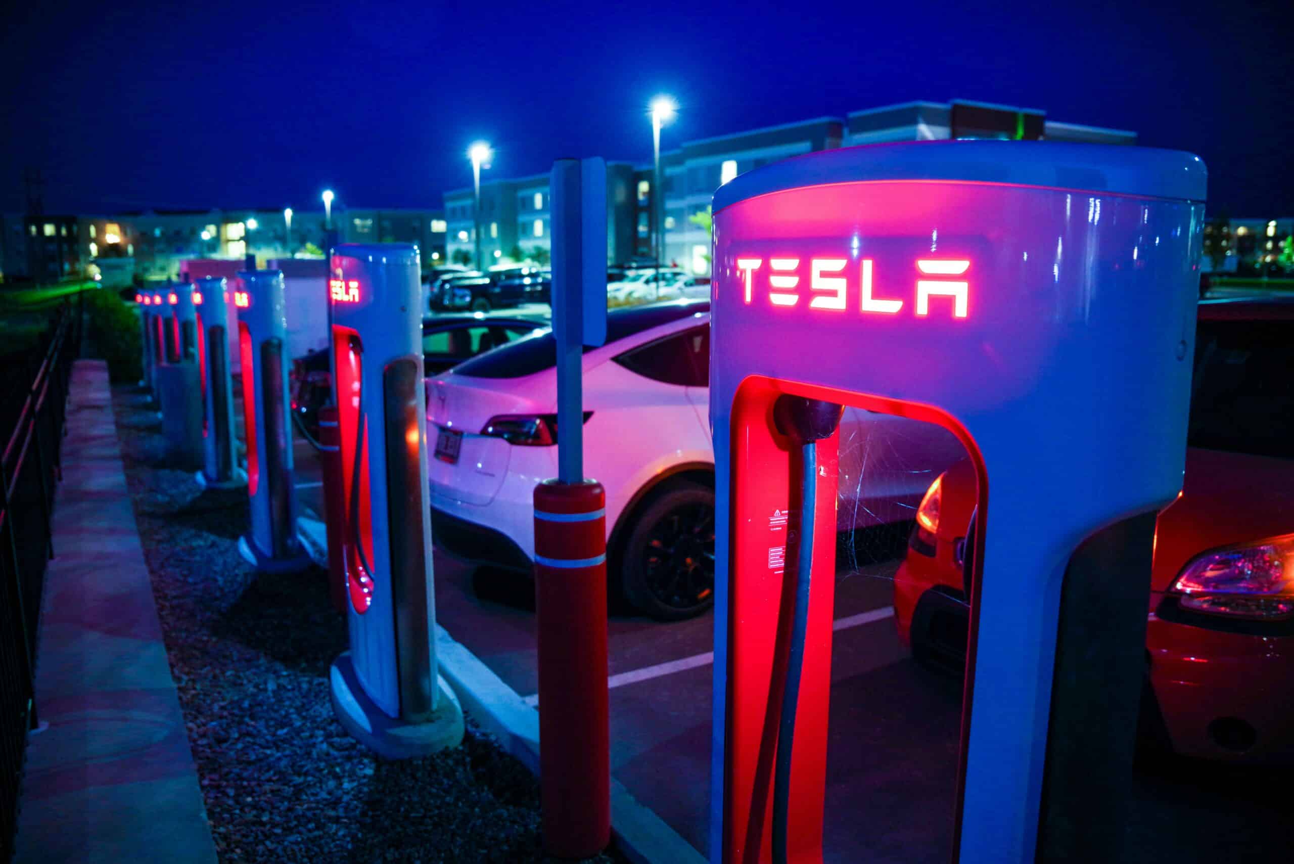 tesla charging station at night