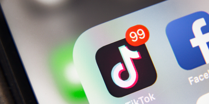 TikTok icon on smartphone screen, next to partially visible Facebook icon. Red number 99 on upper corner of TikTok logo