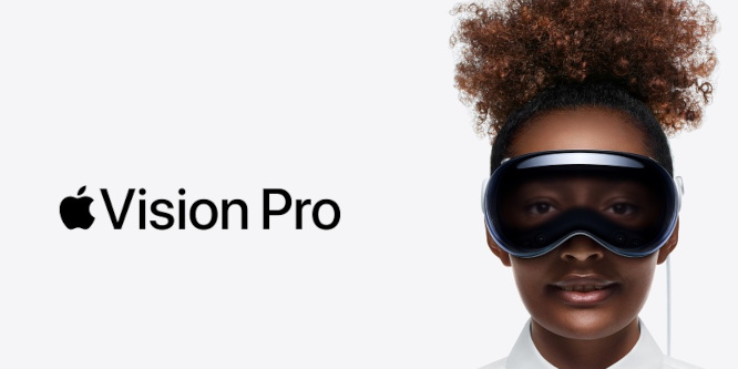 Apple vision pro logo next to woman wearing vision pro headset on blank background