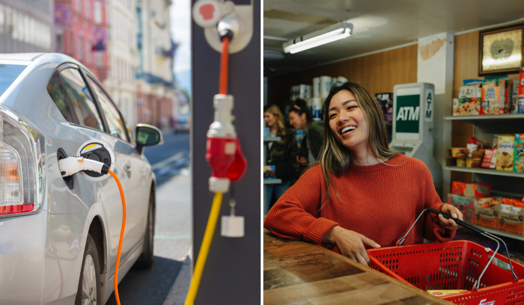 EV charging station on the left, girl in convenience store on the right